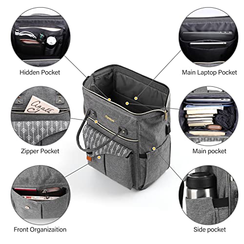 MOMUVO Laptop Backpack for Women, Grey, 17.3 Inch, with USB Charging Port, Dimension-11.2"L x 7.8"W x 17"H, 25L Capacity, 2 Compartments, 18 Pockets3