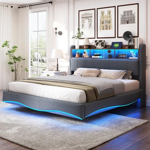 Aoskem Polsterbett Doppelbett 160x200 LED-Bett, Kopfteil mit USB/TypC und Stauraum Regal, Jugendbett Flachbett Rückenlehne Bett Funktionsbett, Bettgestell mit Lattenrost, Ohne Matratze, Leinen Grau