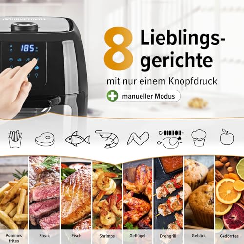 GOURMETmaxx Digitale Heißluftfritteuse XXL - 9L Ofen | Airfryer mit Timerfunktion, Touchdisplay, Drehspieß, Schaschlikspießen | fettarm, energiesparend frittieren | 8 Programme, 1800 W – Bild 4