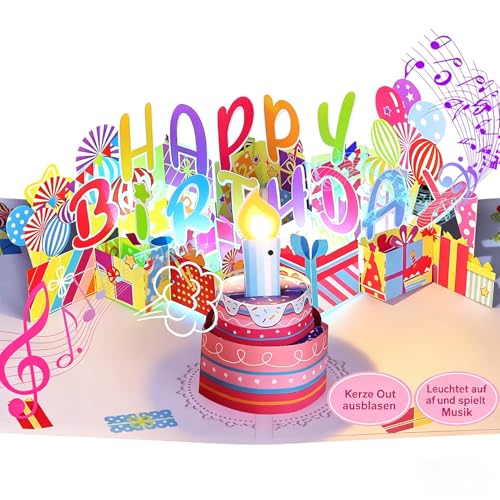 Geschenkkarte Happy Birthday Karte mit Licht und Musik 3D Pop-Up Geburtstagskarte mit Blasbarer Kerze für Damen Herren Kinder Ehemann Ehefrau Mutter Vater Tochter
