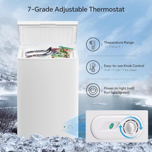 Kismile 3.5 Cubic Feet Chest Freezer with 2 Removable Baskets Free Standing Top Open Door Small Deep Freezer with Adjustable Temperature for Home/Kitchen/Office/Bar (3.5 Cubic Feet, White)