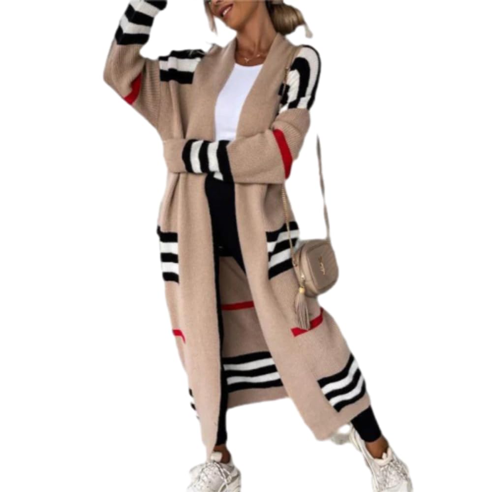 OSCORP Womens White Long Cardigans Sweater Coat Knit Duster Open Front Color Block Stripe Long Sleeve Fashion Outerwear