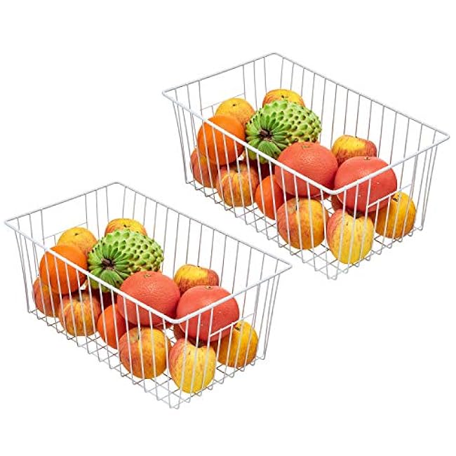 16inch Farmhouse Freezer Wire Baskets Organizer Storage Bins Large Organizer Baskets with Handles for Storage, Office, Kitchen, Pantry, Cabinet, Closets - Set of 6 (White 6)