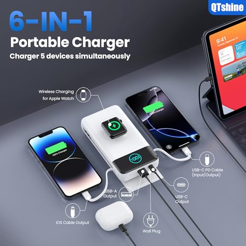 Image of Portable Charger for iPhone, 40800mAh Power Bank with Built-in Cables & AC Wall Plug, 5 Outputs USB C Fast Charging External Battery Pack for iPhone 17 /16 /15 /14, Android, Travel Essential (White)