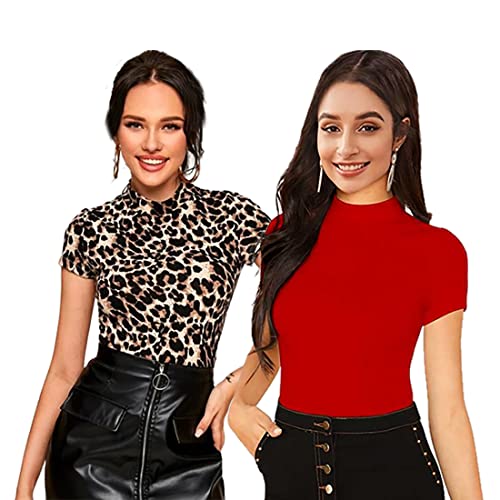 Image of Dream Beauty Fashion Women's Half Sleeve Round High Neck Top Elegant Casual Tee, Pack of 2-23 inch inches (Combo-Tripta Tiger)