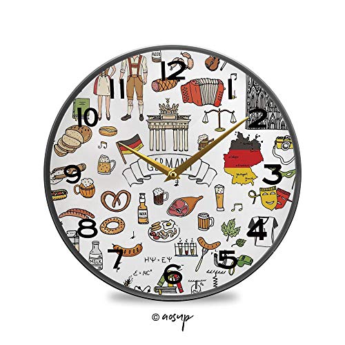 YOLIYANA Round Wall Clock, Hand Drawn Doodle of German Culture Football Jersey Food