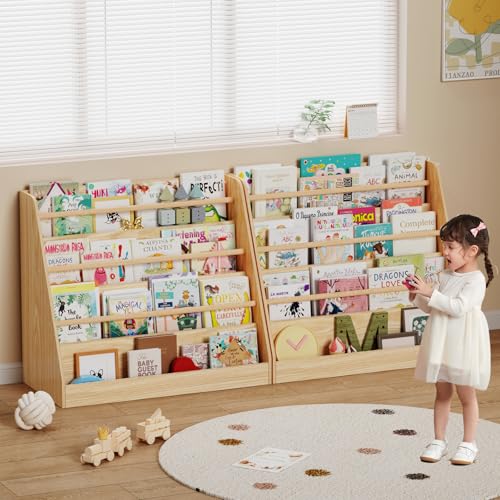 Image of Lkeiyay Montessori 4-Tier Front Facing Kids Bookcase, Natural | 4-tier front-facing Montessori rack with 3 solid beech rods & rounded edges, kids picture book storage for nursery, playroom