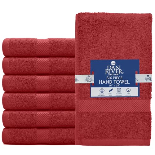 Image of DAN RIVER 6-Pack Premium Hand Towels (16x28 Inches) - 100% Cotton, Ultra Soft, Lightweight, Highly Absorbent Towels for Bathroom, Spa, Gym, Salon, Hotel, and Travel - Red
