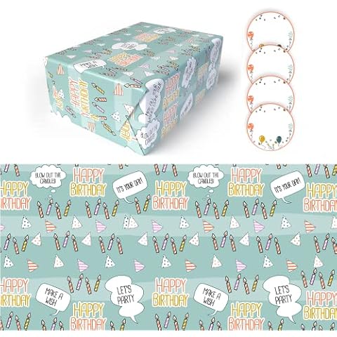 Happy Birthday Wrapping Paper Sheets and Tags - 4 XXL Eco Gift Wrap Sheets (84cm x 60cm) - 100% Recyclable Wrapping Paper- Recycled Gift Wrap for Boys Girls Men Women Cover