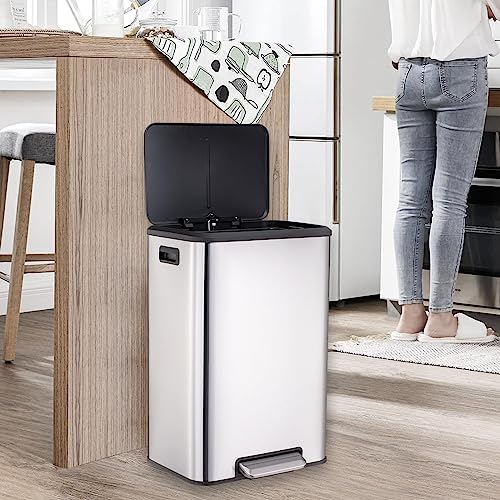 Image of GAOMON 30 Liter /8 Gallon Trash Can, Rectangular Hands-Free Dual Compartment Recycling Kitchen Step Trash Can with Soft-Close Lid, Stainless Steel Garbage Can with 2 x 15L Inner Buckets, Silver