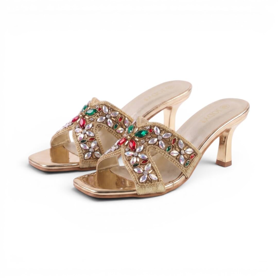Women's Embellished Kitten Heel | Crystal Stone Slip-On Heels Gold-image-19