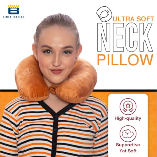 Image of CRAE Travel Neck Pillow for Men & Women | Soft Fibre Cushion for Flight, Car & Train | Soft Velvet Fabric with Attachable Snap Strap | Cervical Support for Neck Pain Relief.Pack of 1(Mustard Orng)