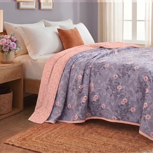 Image of HOMEKART Luxury Cotton Dohar Blanket for Double Bed | Ultra Soft Reversible AC Quilt | Floral Printed Lightweight Summer Blanket | 88x85 Inches (Lavender Mist)