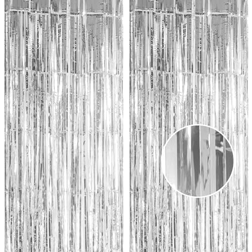 2pcs 3.2 x 8.3ft Glitter Silver Tinsel Curtain Streamers Door Fringe Foil Curtain Backdrop Birthday Party Decorations for Girls Women Hen Do Engagement Graduation Party Decorations Banner Silver