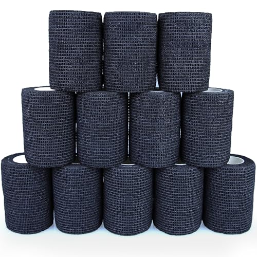 KEQCQE 自着性伸縮包帯 弾力包帯粘着包帯テーピング バンテージ ペット 犬 猫防水不織布 関節サポート 伸縮性 通気性 12巻入 (Black, 7.5cm)