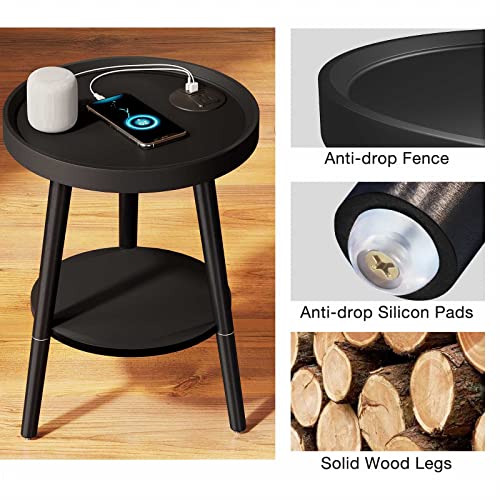 Greenstell End Table With Charging Station, Round Side Table With Storage Shelf, Usb Ports And Anti-Drop Fence, 2-Tier Small Nightstand Sofa Table For Living Room, Bedroom Black 15.0*15.0*20.4Inches #TOP5