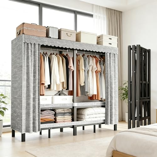 ZWCQSYS 59.1in Heavy Duty Portable Closet, Foldable Wardrobe Closet with Cover, Metal Clothing Shelves for Clothes Organizers and Storage, for Bedrooms, Apartments, Rental Properties (Grey, 59.1in)