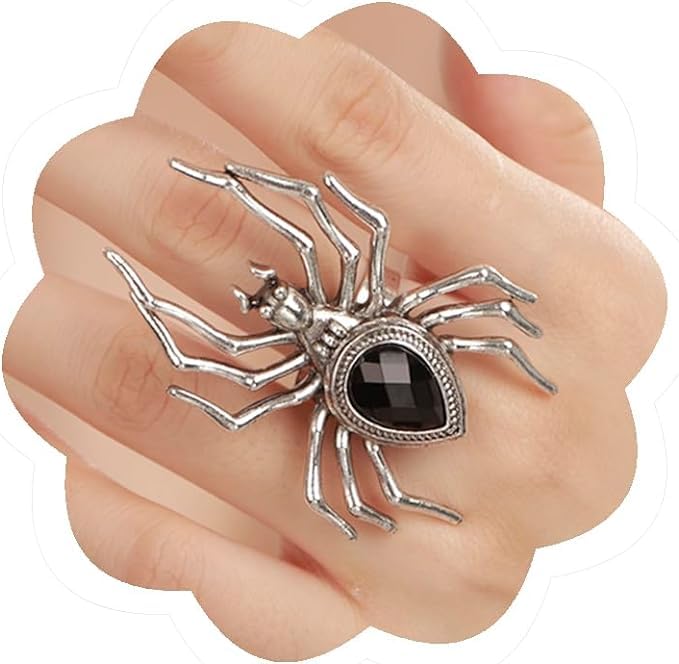 IncisaePunk Grunge Silver Black Spider Ring Halloween Speacial Statement Ring Oversized Exaggrated Ring Costume Party Gift for Teens