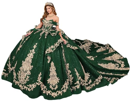 DXUOPL Sparkly Tulle Emerald Green Quinceanera Dress Luxury Tassel Ball Gowns Gold Beaded XV Dress Elegant Layered Party Dresses Off Shoulder Sweet 16 Dresses with Train Size 02