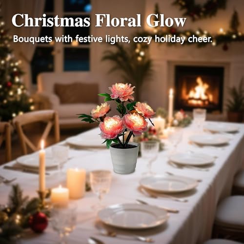 Image of Pink Peony Artificial Flower Lamp, Night Light for Bedroom Wedding Bar Coffee Shop Decor, Christmas Valentines Mothers Day Anniversary Birthday Gifts for Women Mom Grandma Wife Friend
