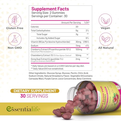 Image of PMS Gummies - Happy Flow PMS Support Supplement for Women - Strawberry PMS Relief Supplement with Vitamin B6 for Hormone Balance, Period Support, Cramps, Hormonal Acne & Bloating Relief (120 Count)