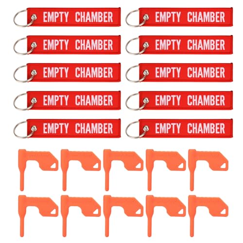 Pridefend Chamber Safety Flag for Rifle Handgun Shotgun with Bonus Bright Yellow Key Chain Tags - Universal Gun Accessories 6/10 Pack (10 Packs, Bright Red)
