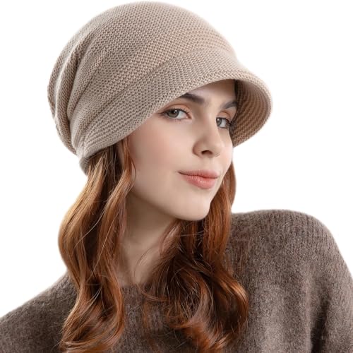 AYPOW Sombrero de Visera Holgado de Punto de Invierno para Mujer, Gorro Térmico Cálido con Forro Polar con ala, Gorro con Potección para Los Oídos, Gorro de Boina para Invierno al Aire Libre