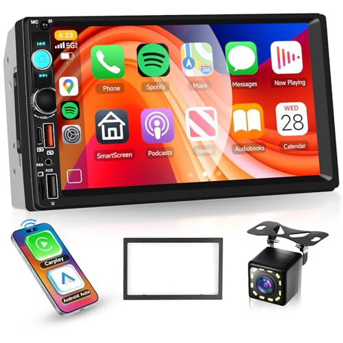 Rimoody Inalámbrico Carplay Radio Coche 2 DIN con You-Tube Android Auto, 7 Pulgadas Touchscreen Radio Coche Doble DIN con Mirror Link Bluetooth FM Radio USB/EQ/AUX Control del Volante Cámara Trasera