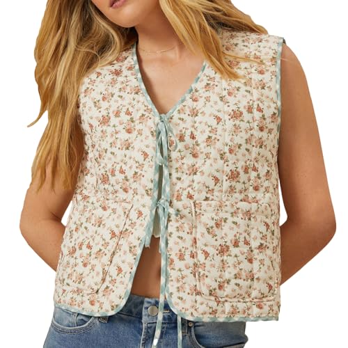 Awoscut Women's Boho Quilted Vest Lightweight Sleevless Cropped Puffer Vest Tie Front Padded Gilet Indian Jackets Coats