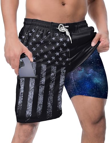 Mens Swim Trunks with Compression Liner Swimming Trunks 9 Inch Bathing Suit Quick Dry Swim Shorts Cargo Shorts