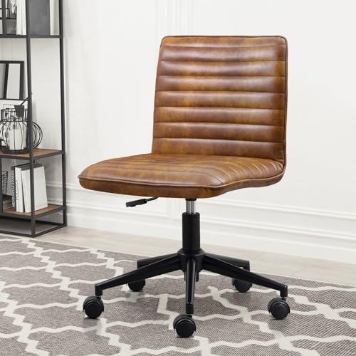 Furniliving Leather Home Office Chair, Armless Vanity Desk Task Chair with Wheels 360° Swivel Computer Rolling Desk Chair with Back, Adjustable Accent Chair with Gold Metal Base Stool