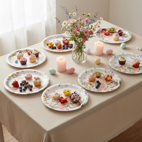 Image of 50 Pcs Easter Paper Plates Party Supplies Bunny Wildflower Paper Plates 7in