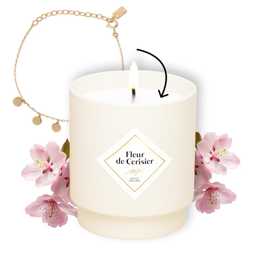 MY JOLIE CANDLE - Bougie bijou parfumée Fleur de Cerisier - Bracelet surprise Doré - Cadeau parfait pour Noël et anniversaire - Cire à base végétale - Made in France