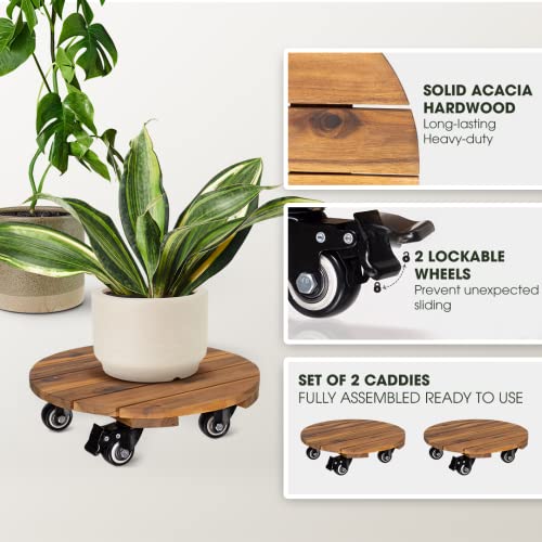 Idzo EDNV 2-Pack 14 Inch Acacia Wood Rolling Round Plant Caddy thumb #1