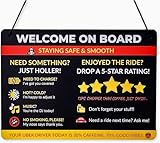 Funny Rideshare Car Sign – Welcome On Board Reminder for Backseat Passengers – 5-Star Tip Message with Icons – PVC Hanging Display for Drivers – 11x7.8in (Black)