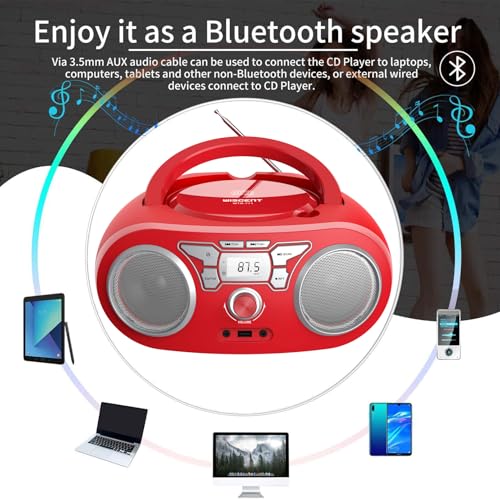 Image of Portable CD Player Boombox with Bluetooth, FM Radio, USB Input, 3.5mm AUX and Headphone Jack, Clear Stereo Sound