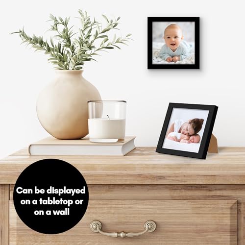 Americanflat 4x4 Picture Frame with Shatter-Resistant Glass - Streamline Collection - Thin Border Square Frame for Tabletop and Wall Display - Hanging Hardware and Easel Stand Included - Black