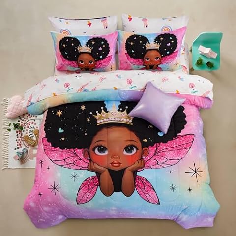 A Nice Night Black Girl Princess with Wings Comforter Set,Pink Gradient Glitter Rainbow Galaxy 6pcs Kids Bedding Set,Twin Cover