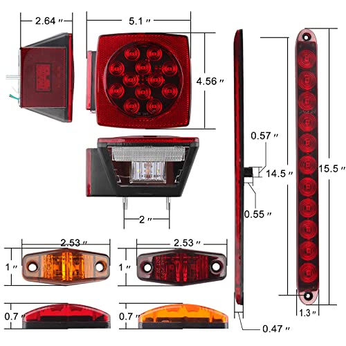 12V Trailer Led Light Kit, 2X Square Led Stop Turn Tail Brake License Plate Running Lights w/ 25ft Wiring Harness/6x Mini Marker Lights/15 11LED Trailer Tail Brake Light Bar/License Plate Bracket