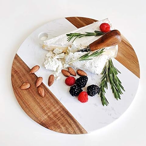 Marble Cheese Board with Acacia Accent 12" Round - Beautifully Handcrafted Charcuterie Board for Two - Round Cutting Board - Wonderful Housewarming Gift 11x11x0.6 inches Cover