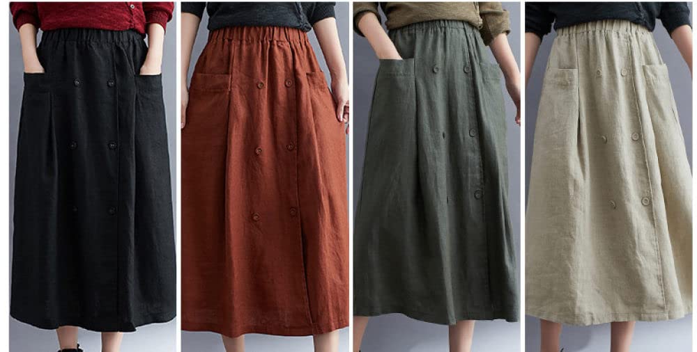 Gonne da Donna,Maxi Gonna da Donna Marrone Elastico in Vita Gonna A Tubino Vintage in Cotone E Lino con Tasche A-Line Casual Plain Gonne Lunghe per Ragazze Signore,L