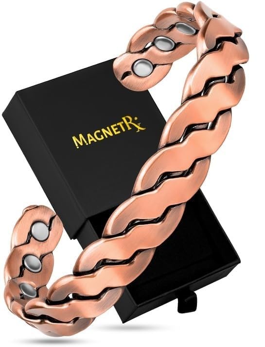MagnetRX® bracelet cuivre homme et bracelet en cuivre femme – 6 aimants puissants (3500 GAUSS par aimant) – Bijou aimanté pur – Manchette réglable (Argent...