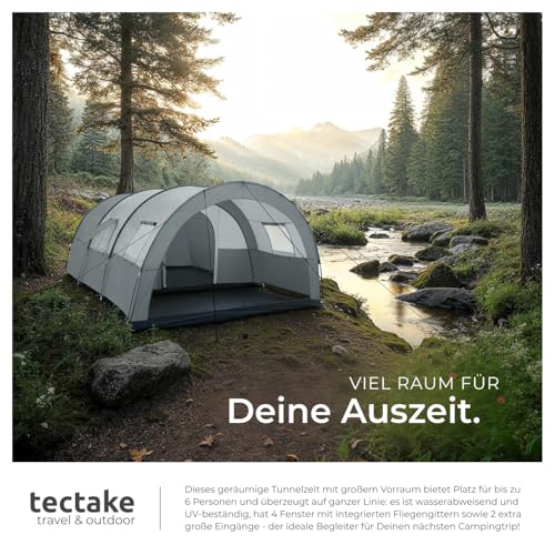 tectake® Tunnelzelt, 6 Personen, Familienzelt, Zelt groß mit Vorzelt und Bodenplane, UV-Schutz, Camping Zelt inkl. Tragetasche, 350 x 480 x 195 cm - dunkelgrau/hellgrau – Bild 6