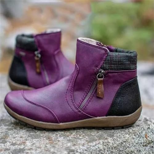 Ankle Boots for Women Western Cowboy Cowgirl Round Toe Short Booties Side Zip-up Vintage Leather Damping Shoes Classic High Top Combat Flat Heel Walking Shoes3