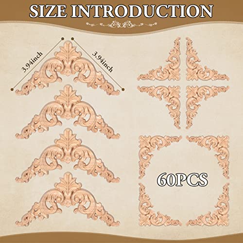 Remerry 60 Pcs Wood Applique Onlays and Wood Corner Decorative Furniture Appliques DIY Unpainted Wooden Carved Corner Decal for Home Furniture Wall Decor, 3.94 x 3.94 Inch