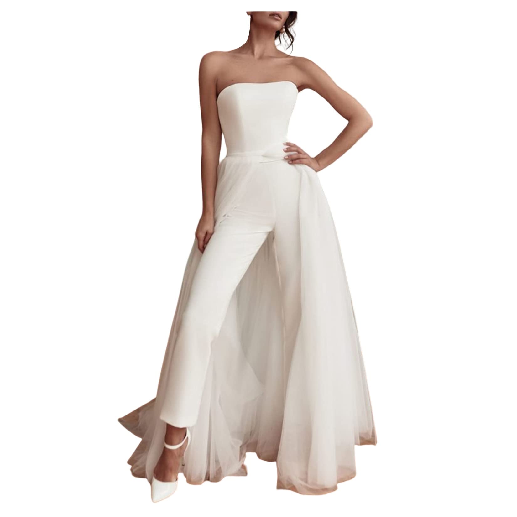 Dawwoti Jumpsuits De Bandeau para Mujeres, Mameluco De Invitado De Boda Blanco, Mono Nupcial con Tren