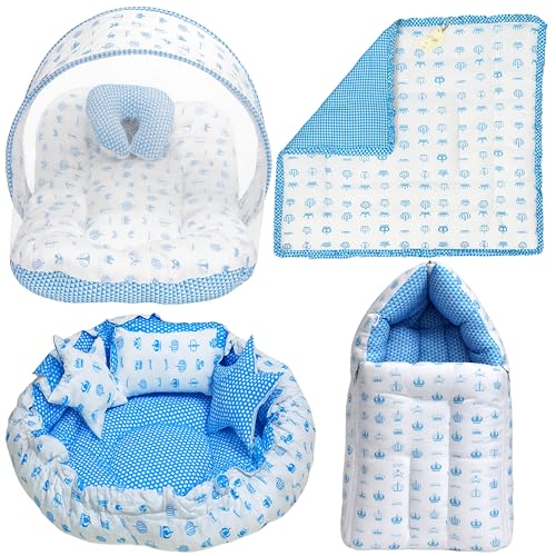 Image of Fareto Combo of Baby Bed with Net | Carry Bag | 4 Pcs Bedding Set (0-6 Months, Baby Size, Cotton) (Taj Blue)