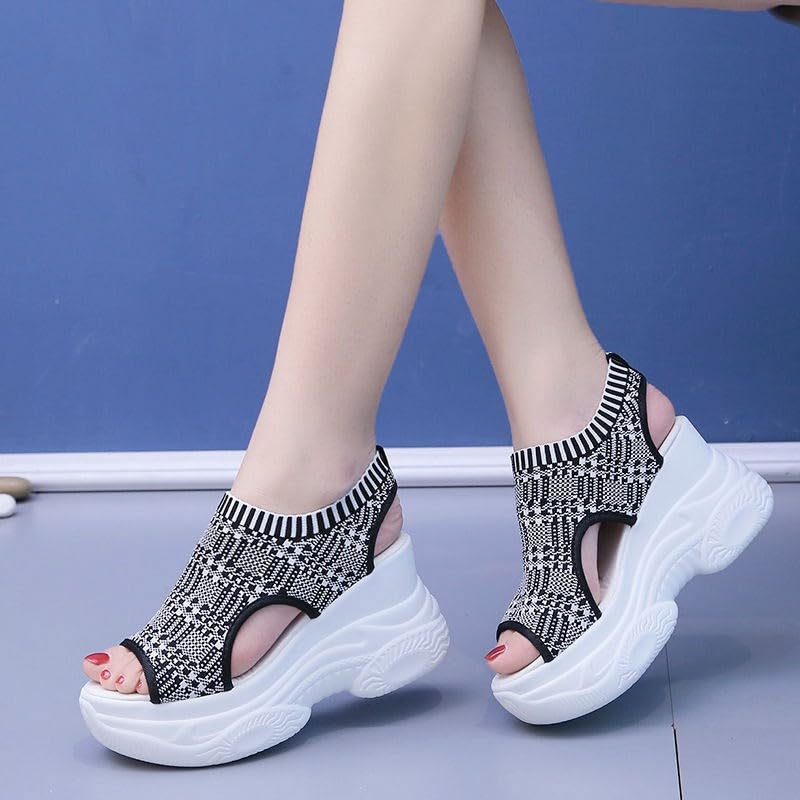 Women's Solid Color Casual Sandals, Platform Elastic Soft Sole Knitted Walking Shoes, Heightening3