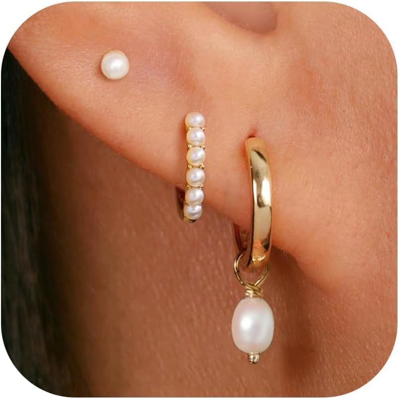 GUOKE 3 Pairs Gold Hoop Earring, 14K Gold Plated Earring Stacks Small Butterfly Heart Star Moon Bow Four Leaf Rhombus Round CZ Pearl Hoop Charm Huggie Earrings for Women Trendy