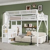 Mirightone Queen Size Loft Bed with Stairs and Storage, Metal Loft Bed Frame with Bedside Shelf and Large Under-Bed Space, Heavy-Duty Loft Beds for Adults Teens and Kids, White